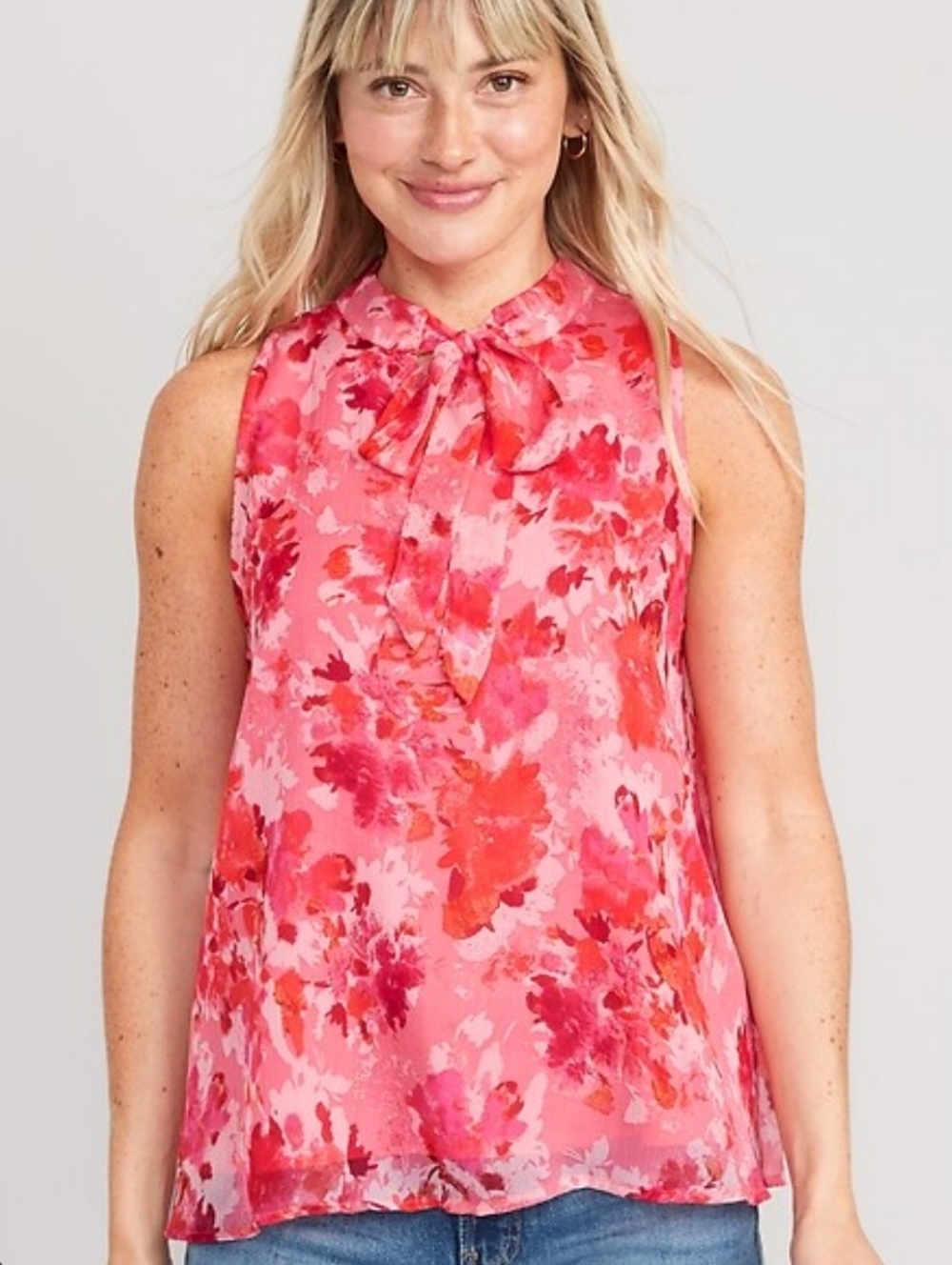 Old Navy Pink & Coral Floral High-Neck Bow Tank Size Large